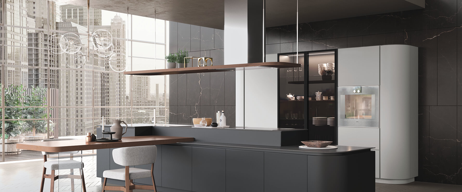 Dark Grey and White Kitchen | Stylish Curved doors | Luxury Kitchens | Bespoke Contemporary, Handleless and Traditional Kitchens in Kent and Sussex