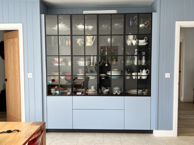 Contemporary Living room | Glass Dresser units in painted blue colour | Living spaces | Kitchen showroom Cranbrook