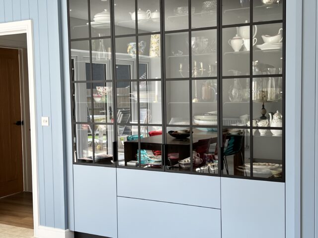 Glass Dresser units in painted blue colour | Living spaces | Kitchen showroom Cranbrook