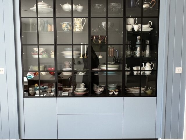 Glass Dresser units in painted blue colour | Living spaces | Kitchen showroom Cranbrook