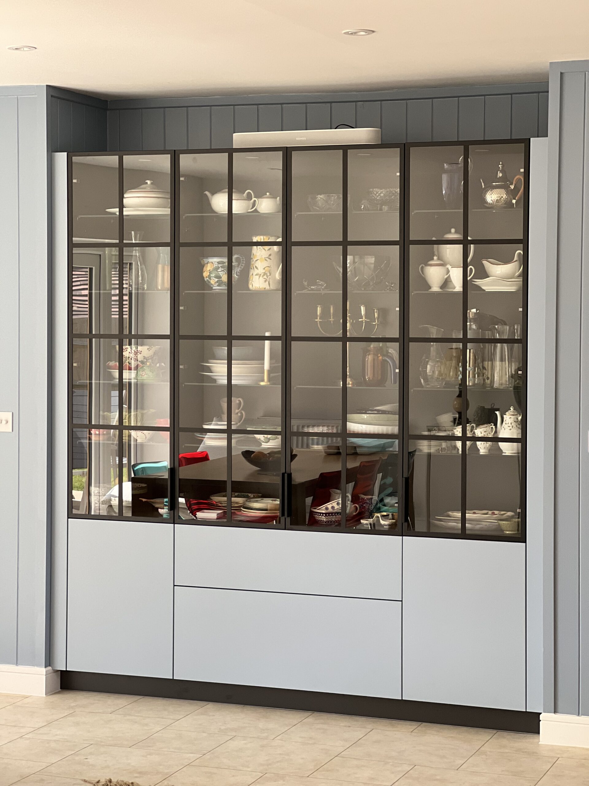 Glass Dresser units in painted blue colour | Living spaces | Kitchen showroom Cranbrook | Contemporary Living Spaces Cranbrook